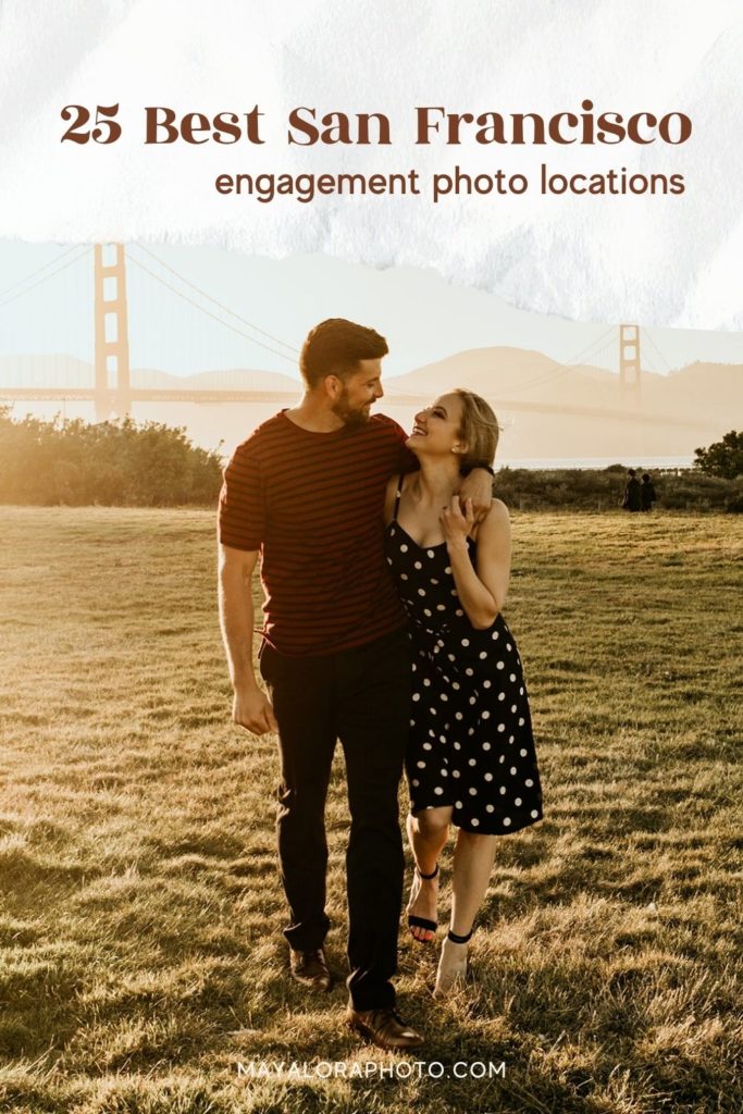 A couple walk together while smiling at one another during their engagement session; image overlaid with text that reads 25 Best San Francisco engagement photo locations